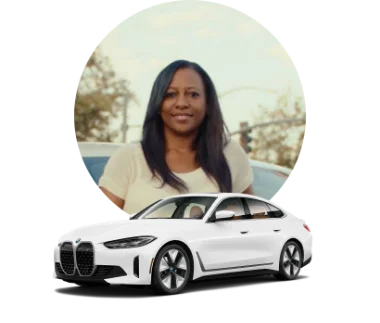 Woman's photo adjacent to a white BMW i4.