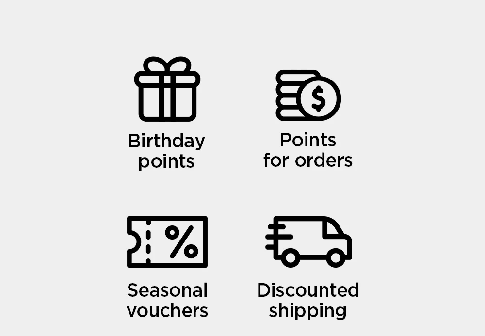 Rewards Members enjoy birthday points, points for orders, seasonal vouchers, and discounted shipping.