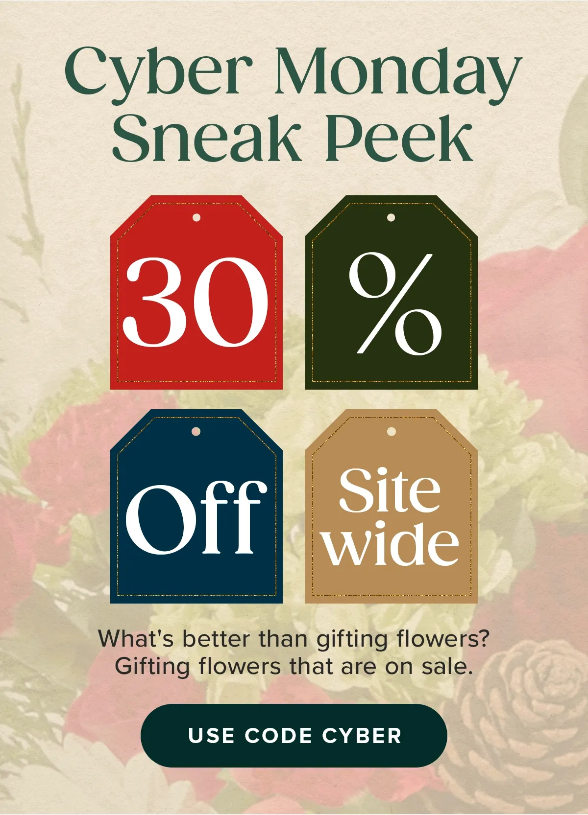 Cyber Monday Sneak Peek. 30% Off Sitewide. What's better than gifting flowers? Gifting flowers that are on sale. Use Code CYBER