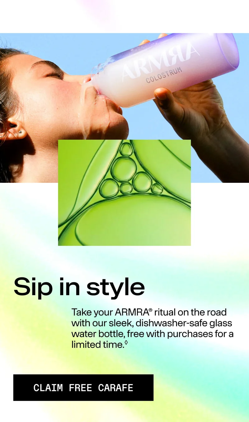Sip in style - Take your ARMRA ritual on the road with our sleek, dishwasher safe glass watter bottle, free with purchasers for a limited time. Claim free Carafe
