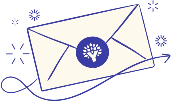 Envelope with YNAB logo sticker and sparkle designs