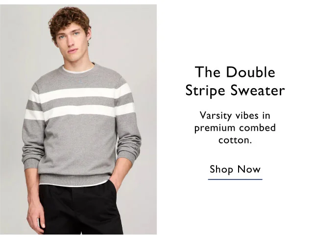 The double stripe sweater Varsity vibes in premium combed cotton. Shop now