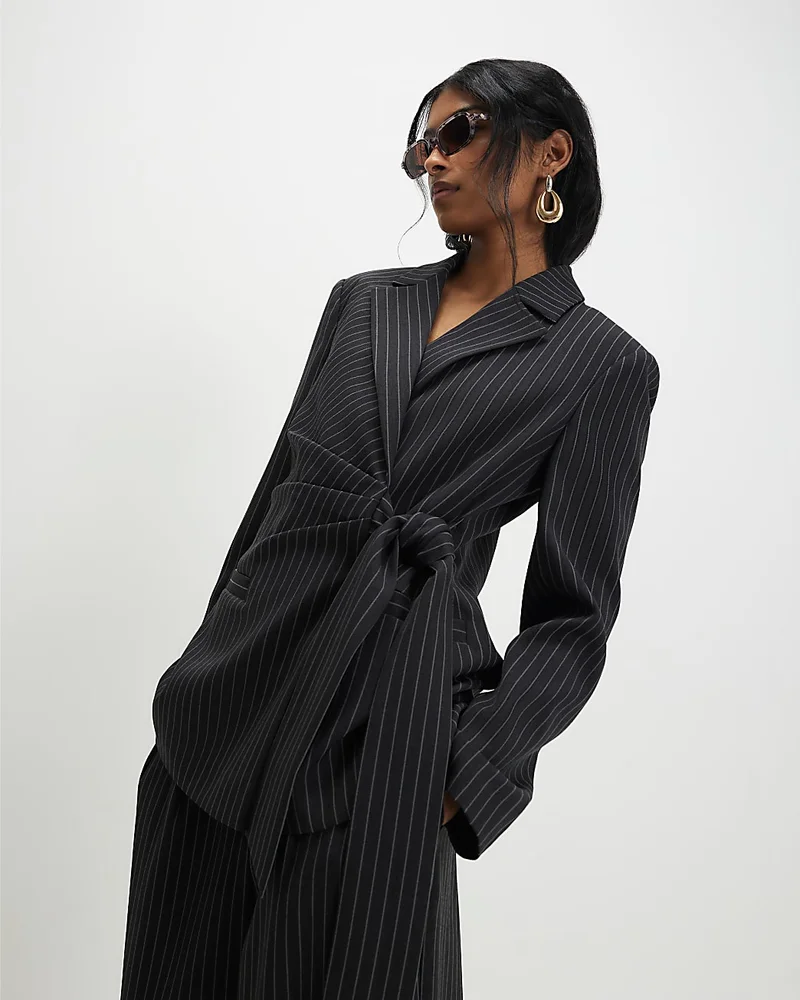 Womens Black Stripe Tie Waist Blazer