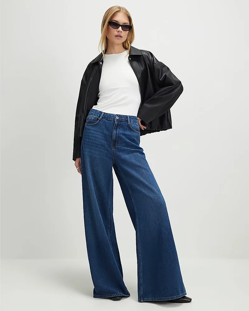 Womens Blue High Waisted Soft Wide Leg Jeans