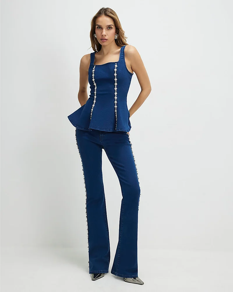 Womens Blue Denim Embellished Bootcut Jeans