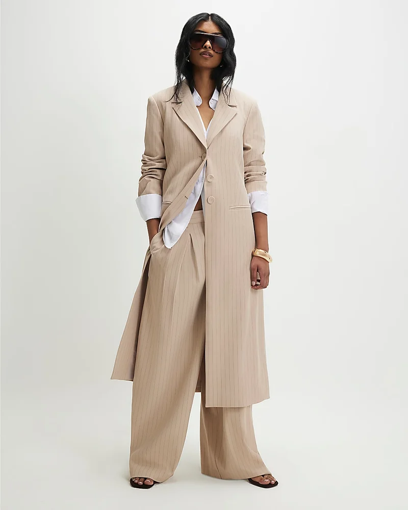 Womens Cream Striped Oversized Duster Coat