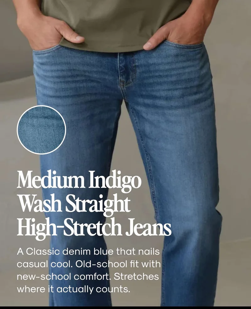 Medium Indigo Wash Straight High-Stretch Jeans