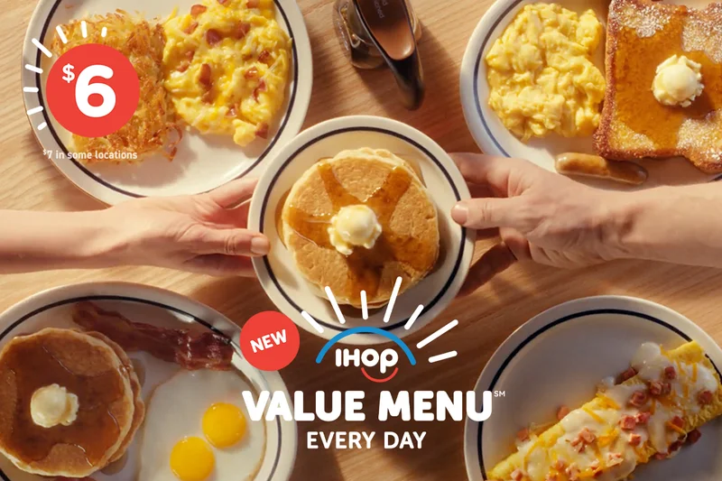 IHOP $6 Value Menu Logo over plates of the food menu items