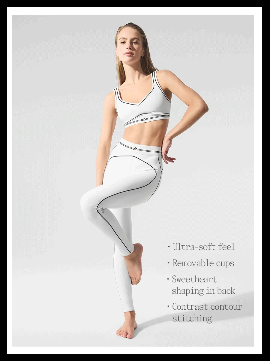 Ultra-soft feel. Removeable cups. Sweatheart shaping in back. Contrast contour stitching
