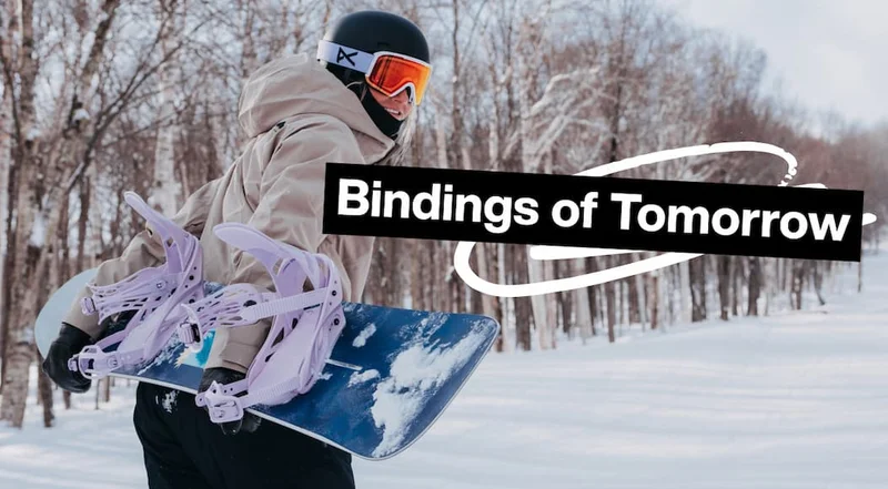 Snowboarder carrying their snowboard behind their back with the new Women's Lexa Re:Flex Bindings. The text "Bindings of Tomorrow" is overlaid.