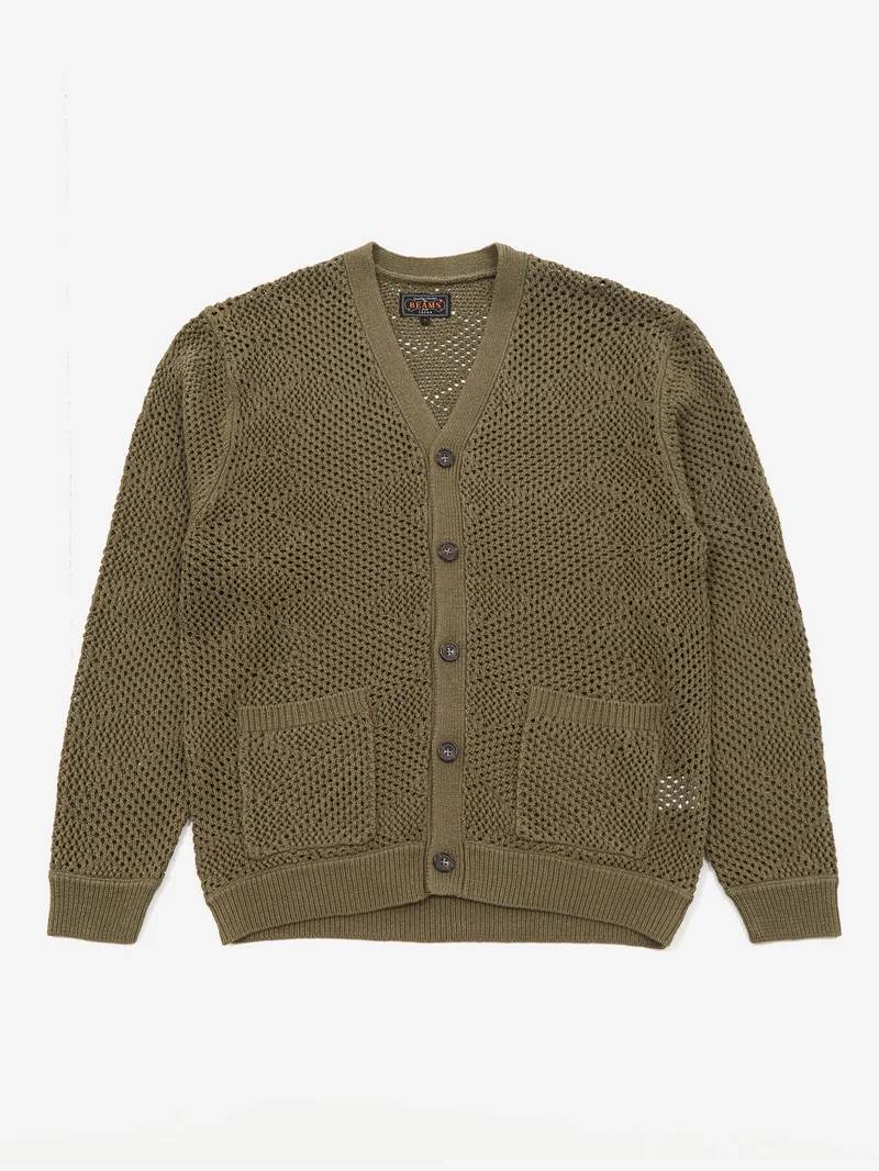 Image of Beams Plus Argyle Mesh Cardigan - Olive