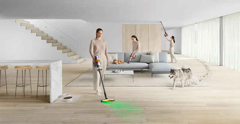 The Dyson V15 Detect cordless vacuum, cleaning a carpet and hard floor in a home with pets