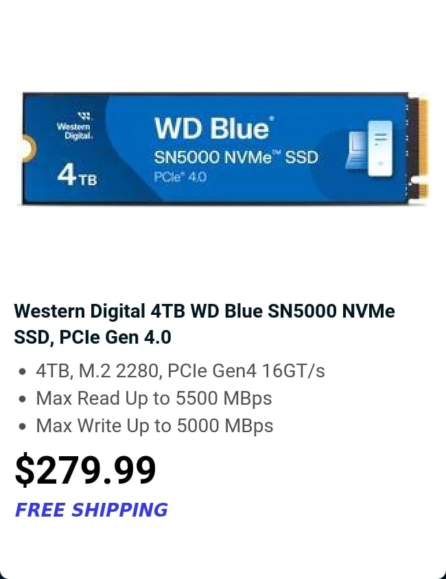 Western Digital 4TB WD Blue SN5000 NVMe SSD, PCIe Gen 4.0