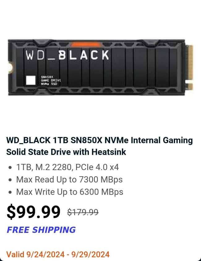 WD_BLACK 1TB SN850X NVMe Internal Gaming Solid State Drive with Heatsink