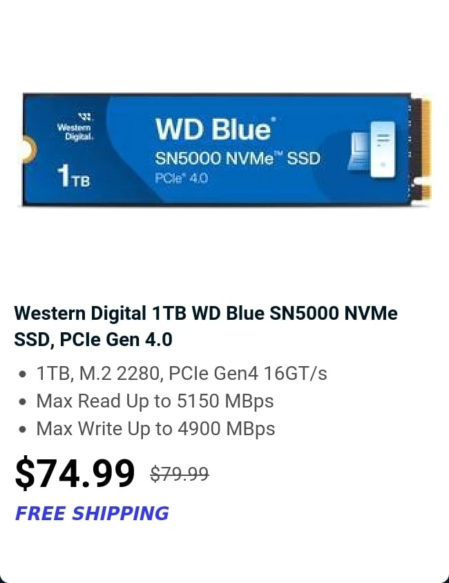 Western Digital 1TB WD Blue SN5000 NVMe SSD, PCIe Gen 4.0