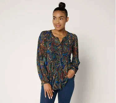 Susan Graver Printed Mesh Split Neck Button Front Top w/Tank