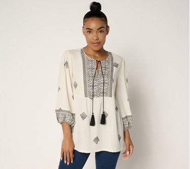 Susan Graver Passport Regular Printed Textured Sheer Woven Tunic