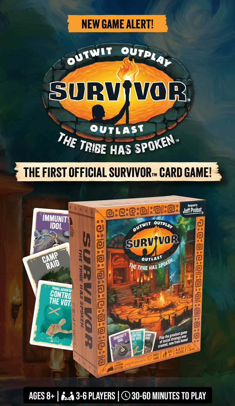 NEW GAME ALERT! OUTWIT OUTPLAY SURVIVOR OUTLAST THE TRIBE HAS SPOKEN™ | THE FIRST OFFICIAL SURVIVOR™ CARD GAME! | AGES 8+ | 3-6 PLAYERS | 30-60 MINUTES TO PLAY