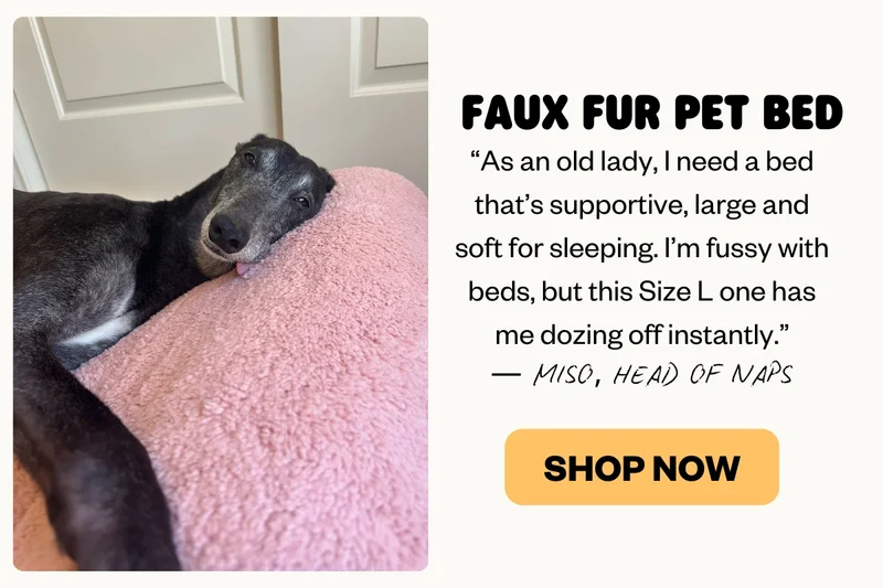 FAUX FUR PET BED | “As an old lady, I need a bed that’s supportive, large and soft for sleeping. I’m fussy with beds, but this Size L one has me dozing off instantly.”  — Miso, Head of Naps