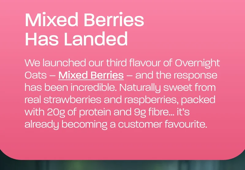 We launched our third flavour of Overnight Oats – Mixed Berries – and the response has been incredible. Naturally sweet from real strawberries and raspberries, packed with 20g of protein and 9g fibre... it’s already becoming a customer favourite.