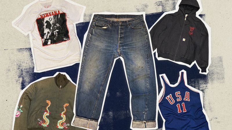 A collage with vintage shirts, jackets, and a pair of jeans
