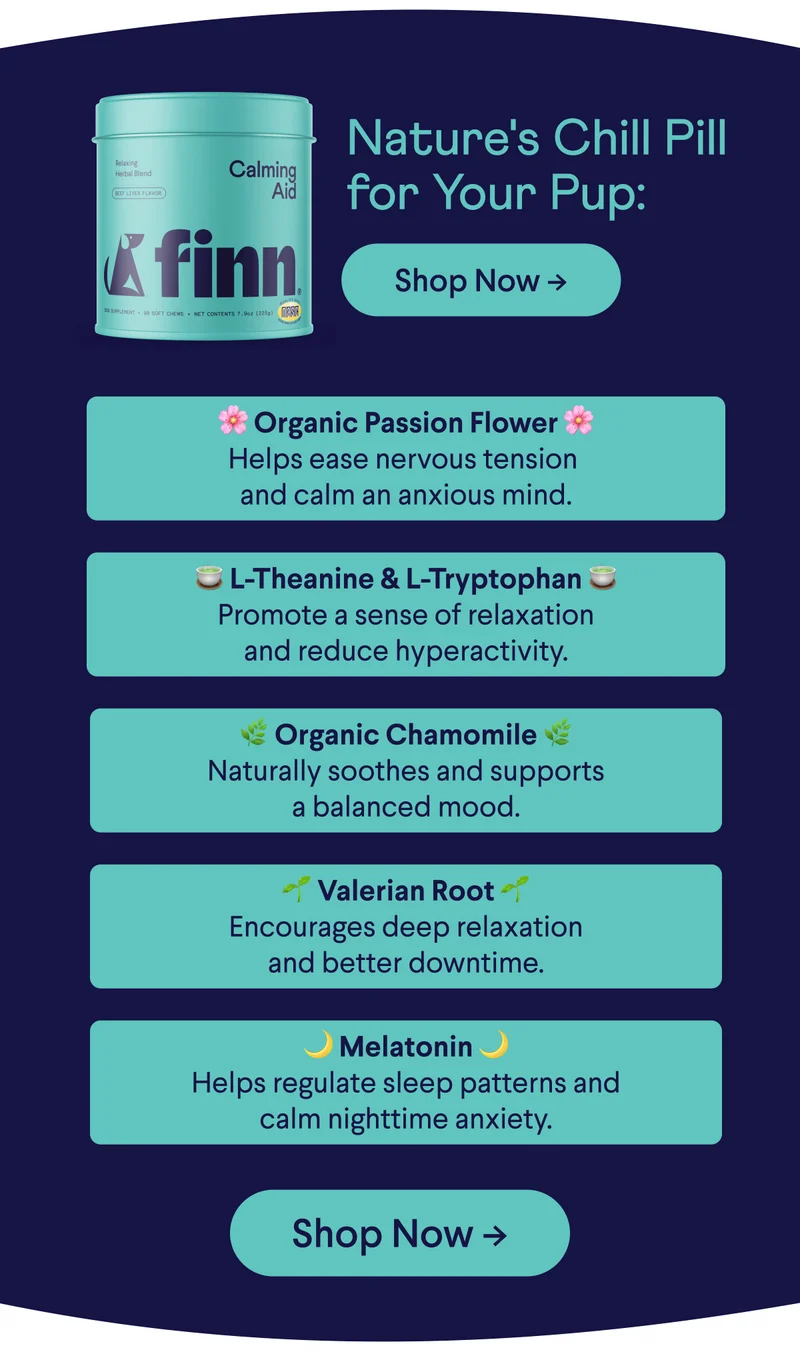 Calming Aid is Nature's Chill Pill for Your Pup with 🌸 Organic Passion Flower 🌸 Helps ease nervous tension  and calm an anxious mind 🍵 L-Theanine & L-Tryptophan 🍵 Promote a sense of relaxation and reduce hyperactivity 🌿 Organic Chamomile 🌿 Naturally soothes and supports a balanced mood. 🌱 Valerian Root 🌱 Encourages deep relaxation and better downtime. 🌙 Melatonin 🌙 Helps regulate sleep patterns and calm nighttime anxiety.