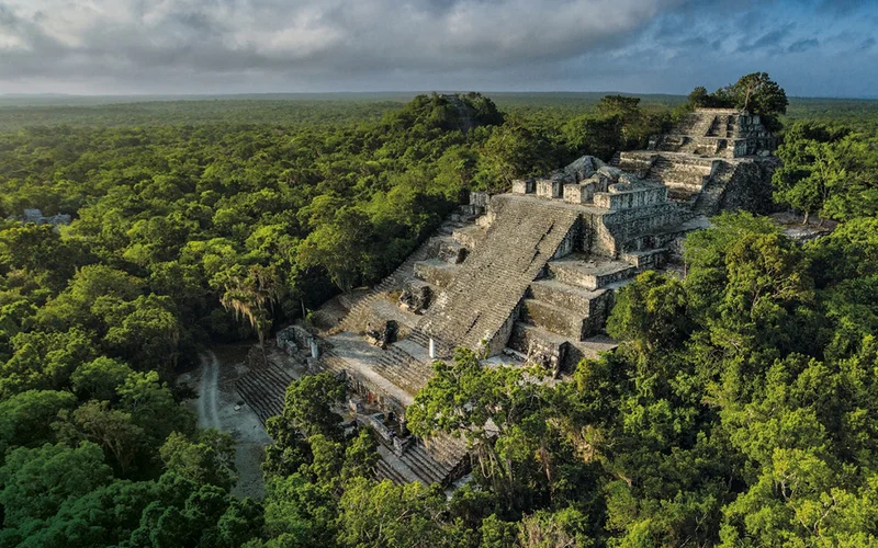 Structure II, a pyramid at Calakmul, was enlarged in several stages and reached a height of almost 200 feet.