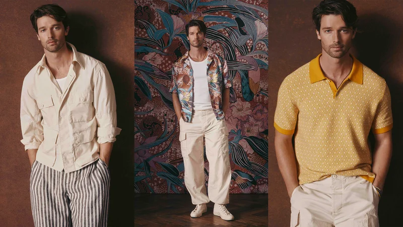 Patrick Schwarzenegger wearing The White Lotus x Banana Republic collaboration.