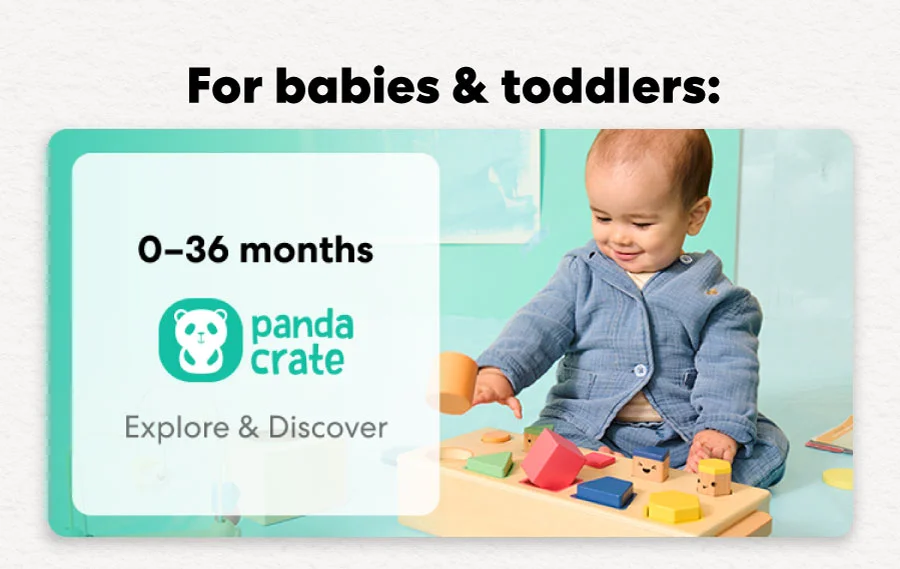 Baby playing with a KiwiCo Panda Crate toy. Designed for ages 0–36 months to explore and discover.