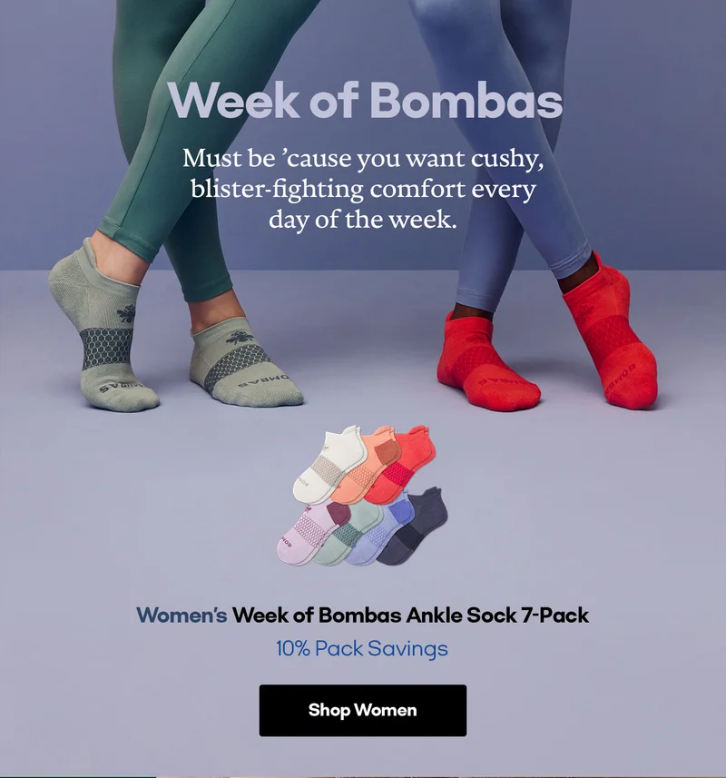 Week of Bombas. Must be 'cause you want cushy, blister-fighting comfort every day of the week. Women's Week of Bombas Ankle Sock 7-Pack 10% Pack Savings. Shop Women