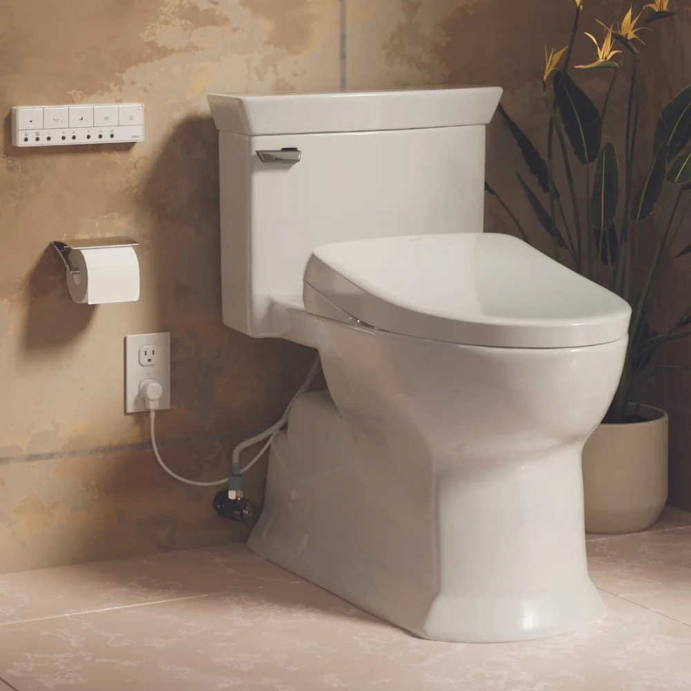 A TOTO Soirée One-Piece Toilet in a sunlit bathroom