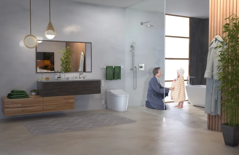 An ADA-compliant universal height WASHLET G450 Integrated Smart Toilet featured in a modern open concept designed bathroom