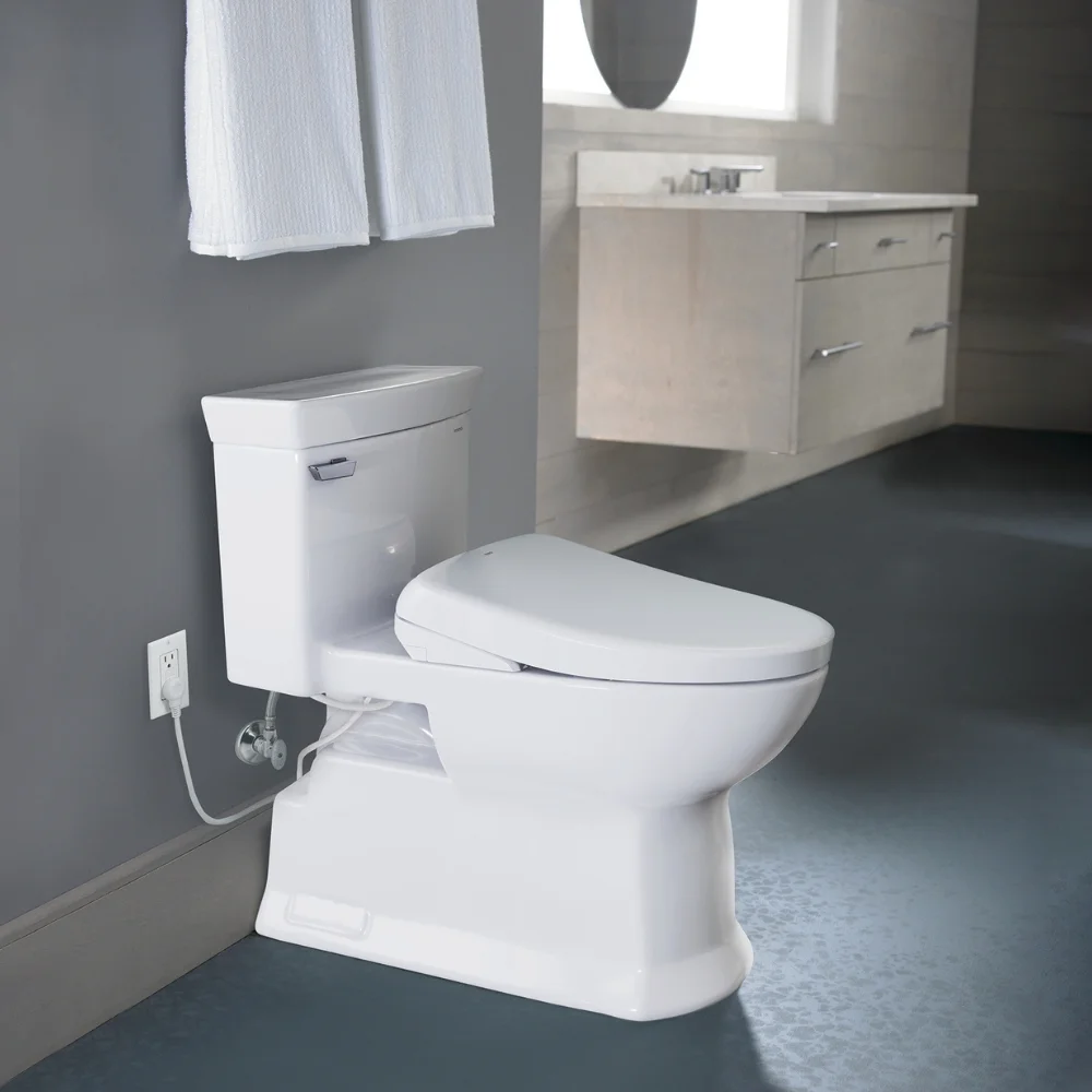 A modern bathroom featuring an eco-friendly TOTO WASHLET S7A electric bidet seat with advanced technology and a comfortable design