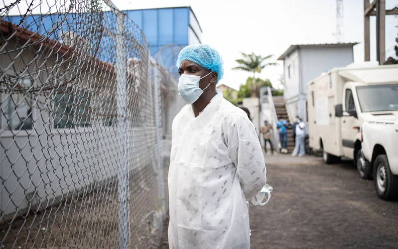 A medical worker is seen at an Ebola isolation and observation site