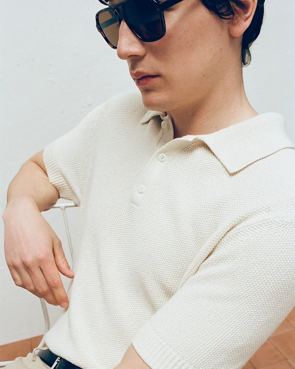 Image | Model in Seed Stitch Polo | Birch