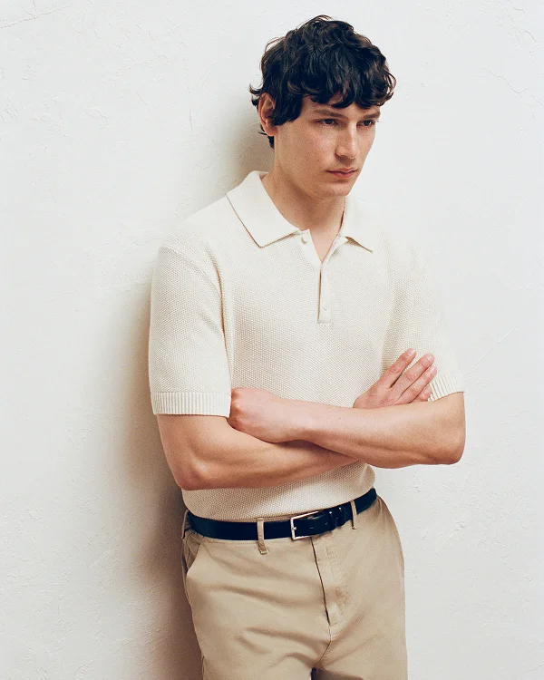 Image | Model in Seed Stitch Polo | Birch