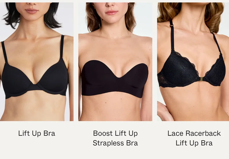 Lift Up Bra, Boost Lift Up Strapless Bra, and Lace Racerback Lift Up Bra