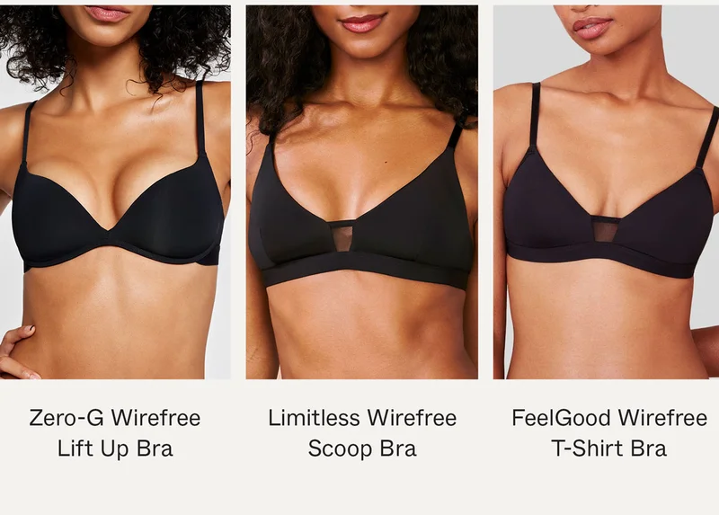 Zero-G Wirefree Lift Up Bra, Limitless Wirefree Scoop Bra, and FeelGood Wirefree T-Shirt Bra