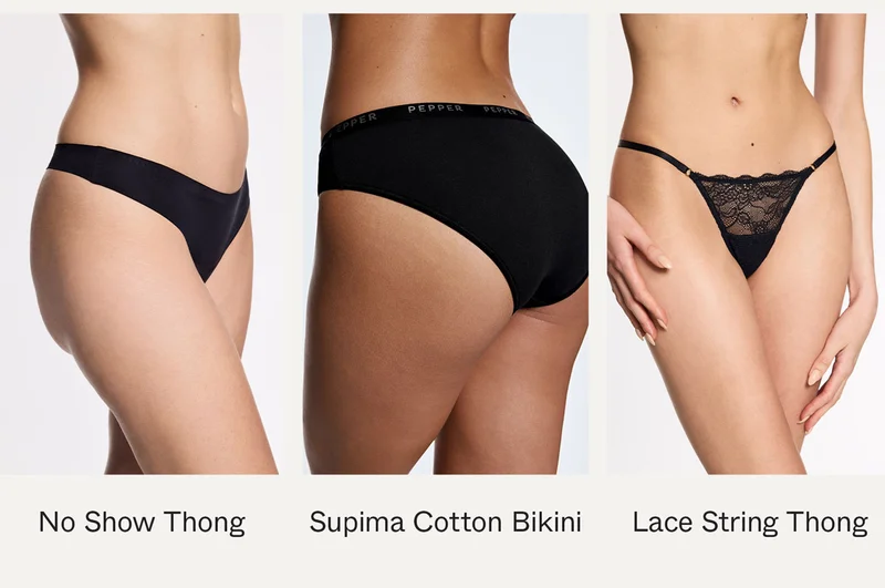 No-Show Thong, Supima Cotton Bikini, and Lace String Thong
