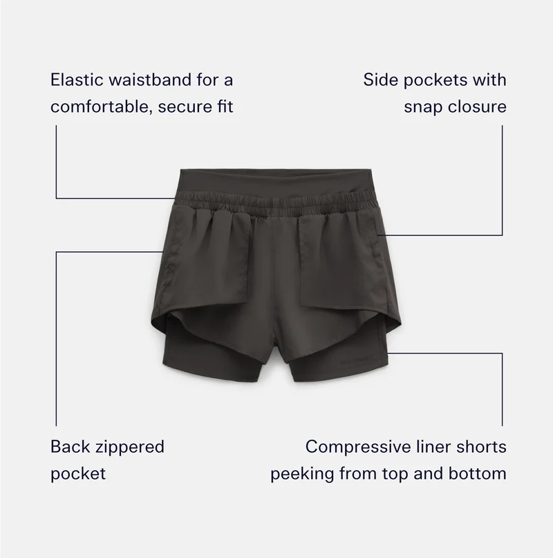 Elastic waistband for a comfortable, secure fit  |  Side pockets with snap closure  |  Back zippered pocket |  Compressive liner shorts peeking from top and bottom