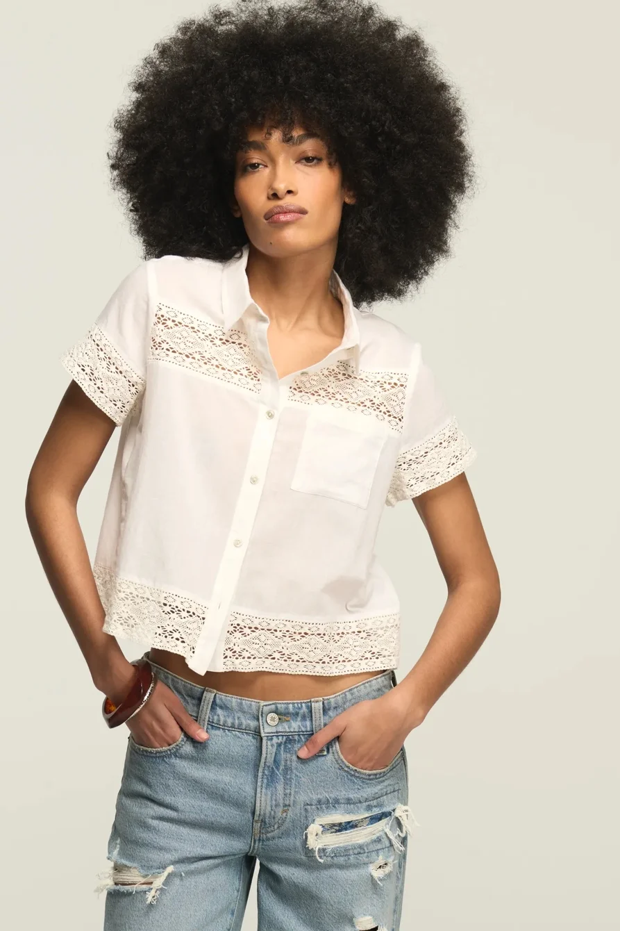 Image of Lucky Brand Cutwork Camp Shirt - Women's Clothing Button Down Tops Shirts in Bright White