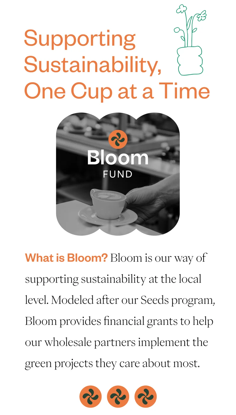 Supporting Sustainability, One Cup at a Time Bloom Fund What is Bloom? Bloom is our way of supporting sustainability at the local level. Modeled after our Seeds program, Bloom provides financial grants to help our wholesale partners implement the green projects they care about most.