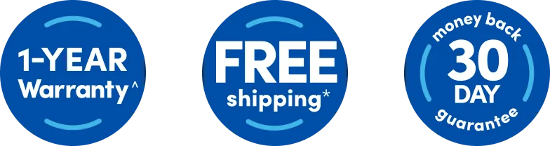 Blue icon of 1 year of warranty included  | Blue icon of free shipping included  |  Blue icon of money back 30 day guarantee included