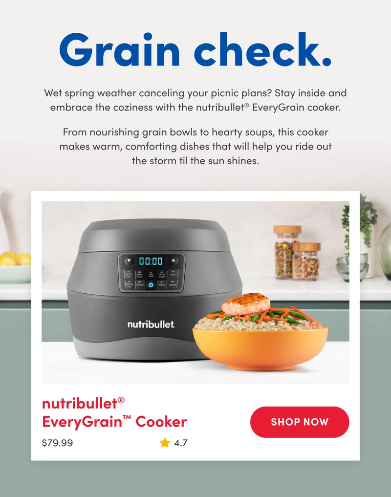 nutribullet EveryGrain Cooker on kitchen countertop next to a bowl of food