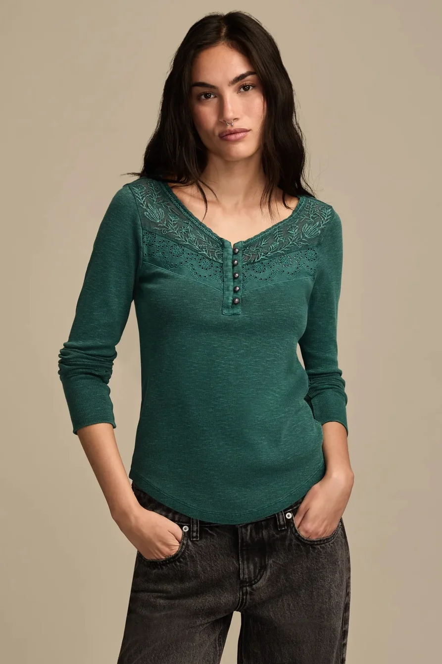 Image of Lucky Brand Lace Yoke Henley - Women's Clothing Tops Tees Henley Shirt in Caviar