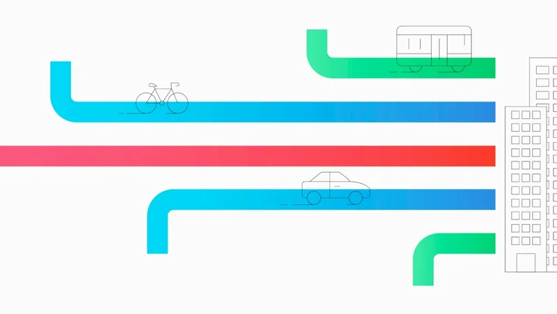 An illustration of a train, bicycle, and car on multicolored lines approaching an office building.