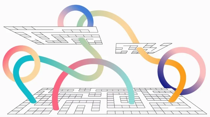 A multicolored illustration of circles and lines that represent building connections across distributed teams.