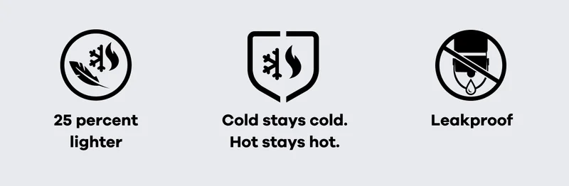 25 percent lighter | Cold stays cold. Hot stays hot | Leakproof