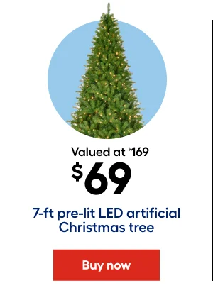 Valued at $169 $69 7-ft pre-lit LED artificial Chritmas tree