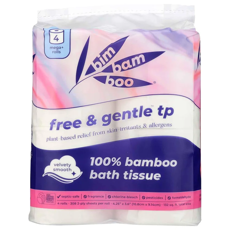 100% Bamboo Toilet Paper, Mega+ Rolls, 2-Ply, 308 Sheets, 4 Ct